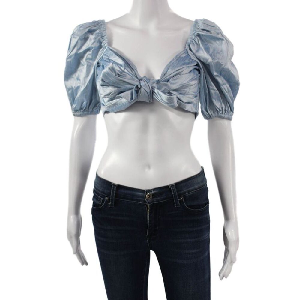 Nonchalant Label Womens Cropped Silk Blouse Blue Sweetheart Short Sleeve Size L